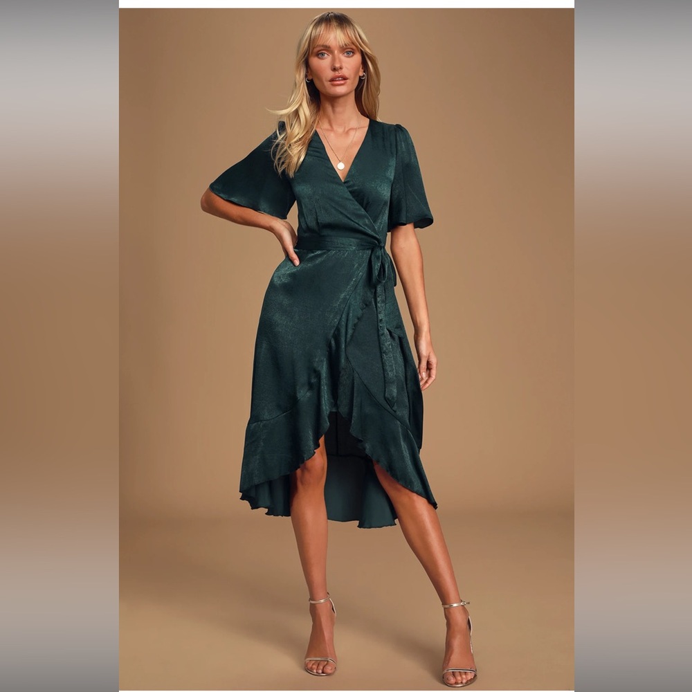 Lulus Wrapped Up In Love Dark Green Satin Faux-Wrap Midi Dress. Sz. Xlg - Picture 3 of 6